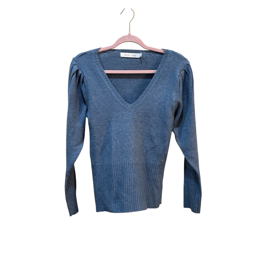 Bishop And Young Blue V Neck Puff Sleeve Sweater Size Small Pullover
